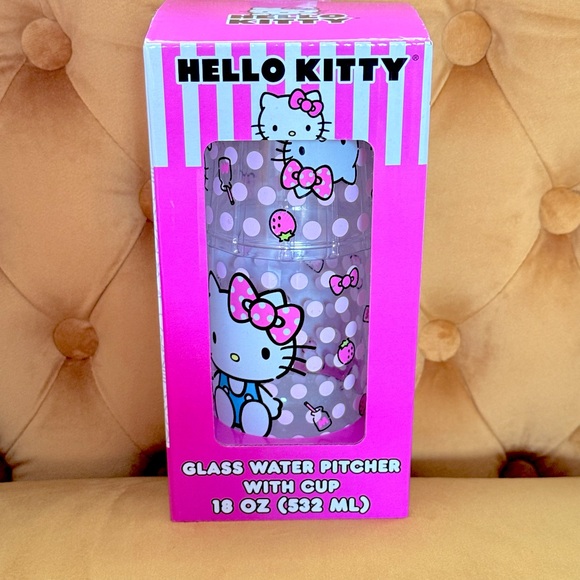 Sanrio Hello Kitty Pink Polka Dot 18-Ounce Glass Pitcher and 8-Ounce Glass Cup - Picture 1 of 6
